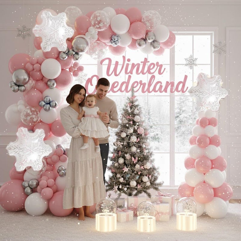 besttideyes 143 Pcs Pink Winter Wonderland Balloon Garland Arch Kit, Pink White Silver Snowflake Balloon for Snowflake Party, Cold Outside Decor, Christmas Princess Girl,Princess Shower Birthday Party - Image 2