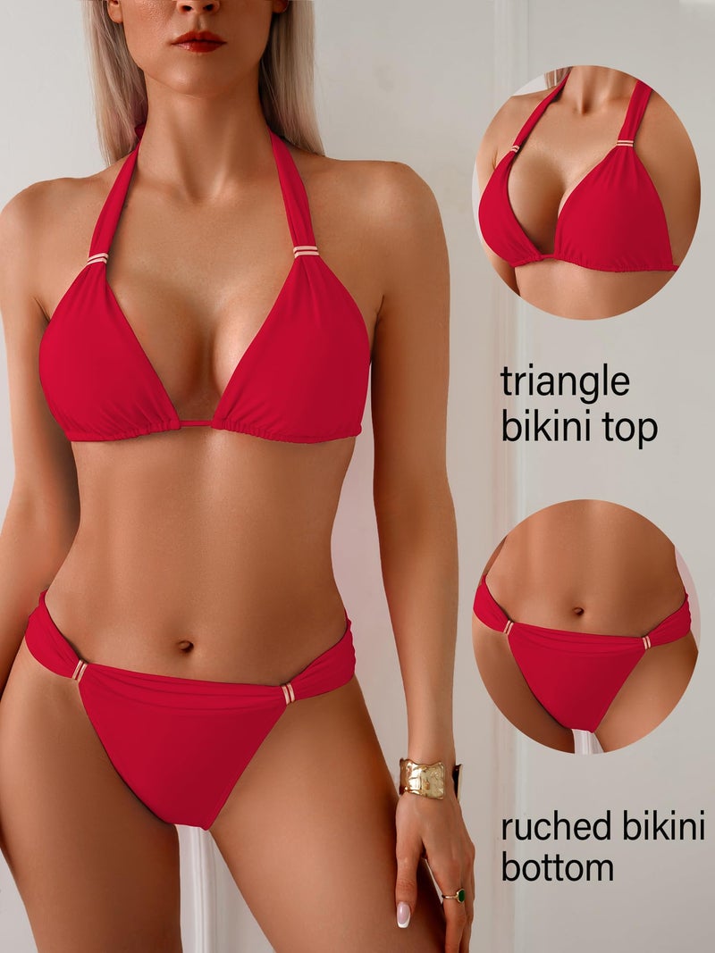 TASHEHE Women's Triangle Ruched Bikini Set Sexy Two Piece Swimsuit Halter Sliding Rings Bathing Suit - 508 / Red - Medium - Image 4