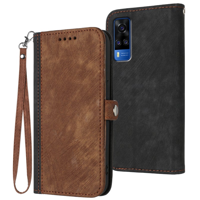 BURAQ Case Cover For vivo Y53s 4G/Y51a/Y33 4G Side Buckle Double Fold Hand Strap Leather Phone Case(Brown) - Image 1