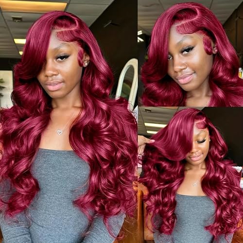 Ncozwo Body Wave Lace Front Wigs 13x4 HD Wine Red Pre Plucked Deep Lace Frontal Wigs 28 Inch Natural Hairline Glueless Long Wavy Wigs Synthetic Heat Resistant Artificial Fiber Human Hair for Women - Image 3