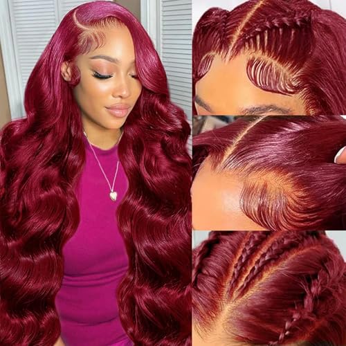 Ncozwo Body Wave Lace Front Wigs 13x4 HD Wine Red Pre Plucked Deep Lace Frontal Wigs 28 Inch Natural Hairline Glueless Long Wavy Wigs Synthetic Heat Resistant Artificial Fiber Human Hair for Women - Image 1