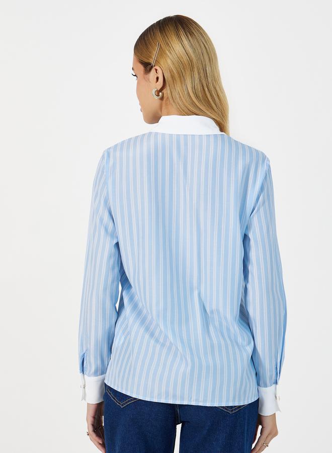 Styli Striped Chest Pocket Shirt with Contrast Collar Detail  - Image 4