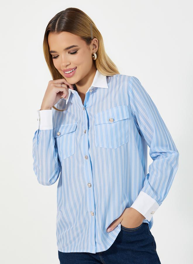 Styli Striped Chest Pocket Shirt with Contrast Collar Detail  - Image 1