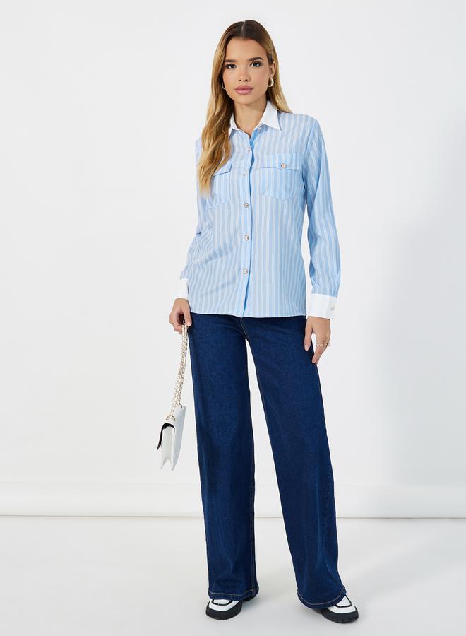 Styli Striped Chest Pocket Shirt with Contrast Collar Detail  - Image 2
