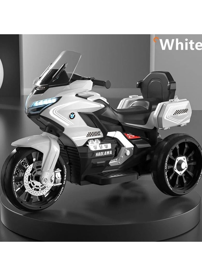 White 12V Electric Ride-On Bike for Kids with LED Lights, Music & Rear Storage - Image 1