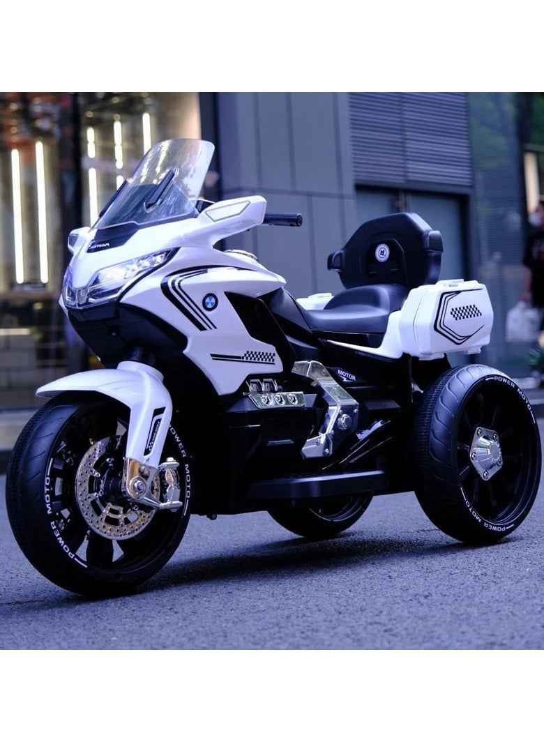 White 12V Electric Ride-On Bike for Kids with LED Lights, Music & Rear Storage - Image 3