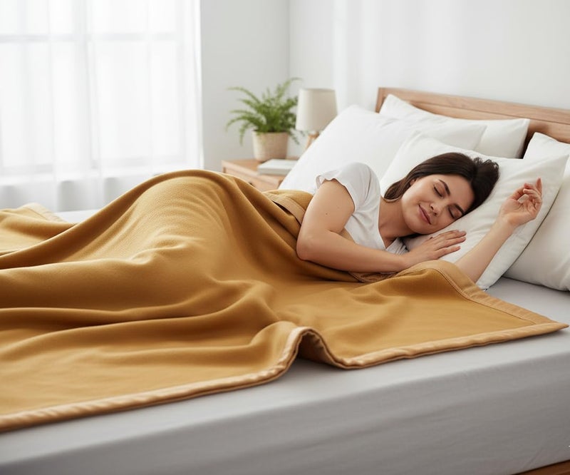 Goyal's Modern Solid/Plain All Season Polar Fleece Double Bed Blanket with Premium Satan Border 500 TC, 90x90 Inches - Camel - Image 3