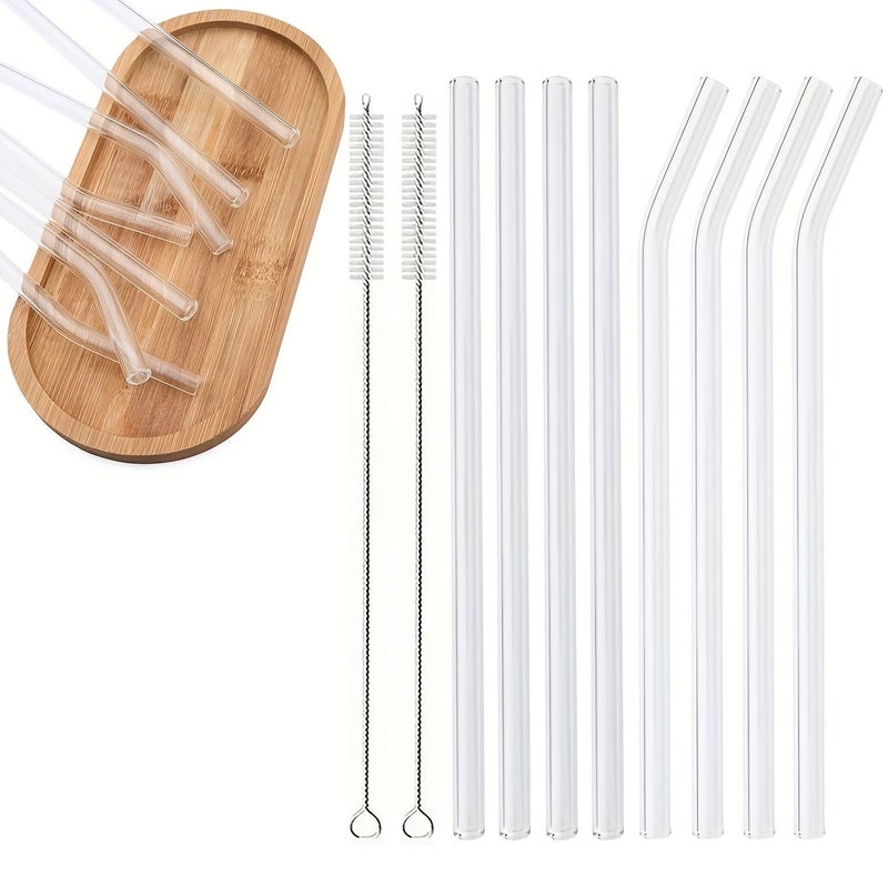 8 Pcs Bend Pipe High Borosilicate Glass Straw Set With 2 Cleaning Brushes For Milk Tea Smoothies Juices And Cocktails - Image 1