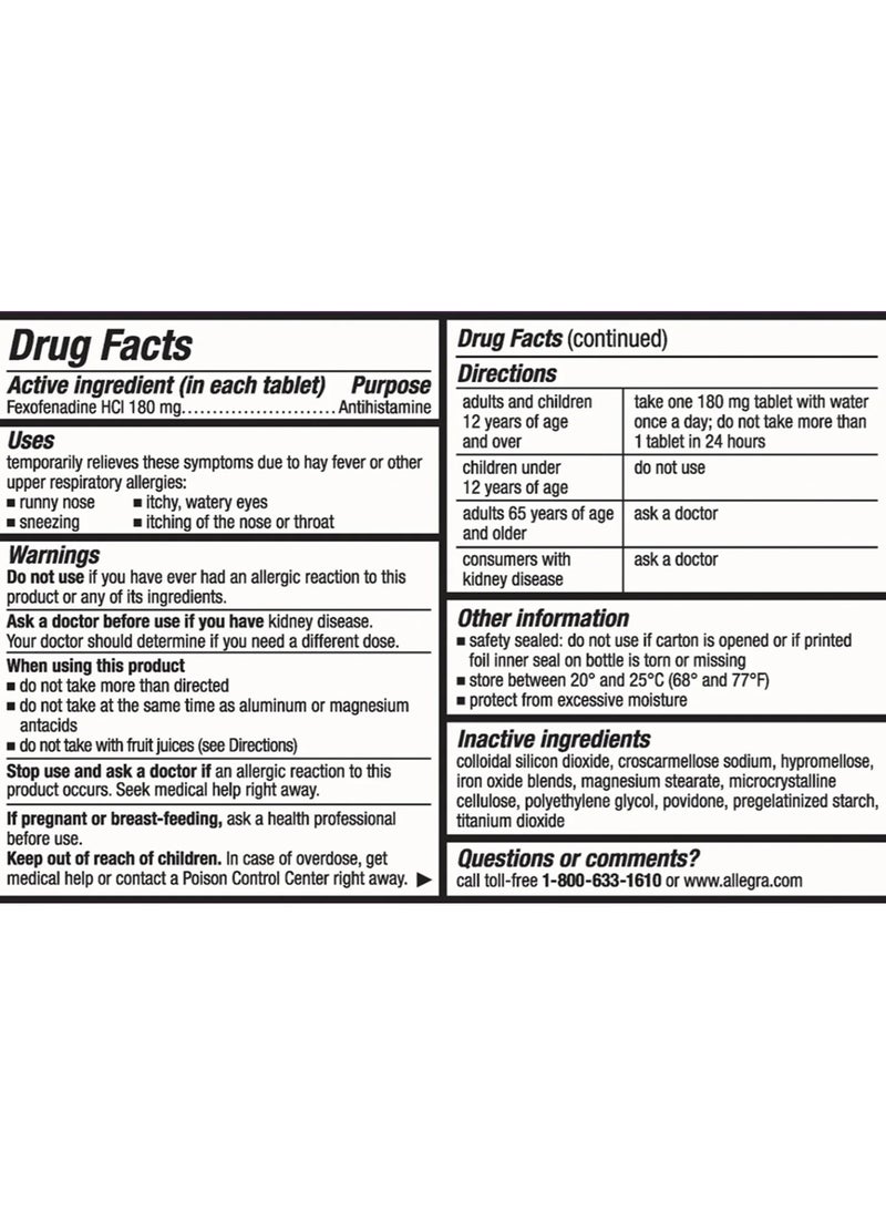 Allegra - Allergy Relief, Fexofenadine HCI, 180 mg - 30 Tablets - Image 1