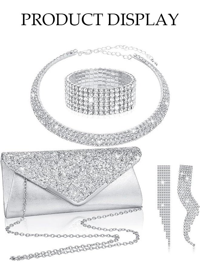 DUNISO 4 Piece Clutch Bag Rhinestone Jewelry Set, V Shape Sparkling Tassel Necklace Bracelet Earrings Evening Bag Purse for Women Dinner Date Wedding, Silver - Image 3