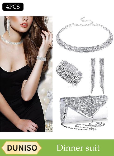 4 Piece Clutch Bag Rhinestone Jewelry Set, V Shape Sparkling Tassel Necklace Bracelet Earrings Evening Bag Purse for Women Dinner Date Wedding, Silver