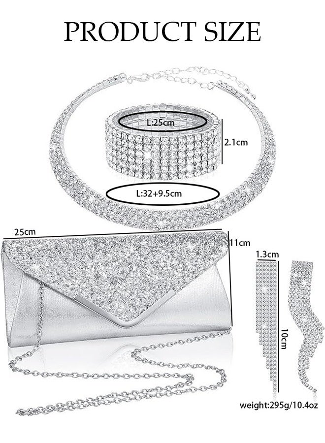 DUNISO 4 Piece Clutch Bag Rhinestone Jewelry Set, V Shape Sparkling Tassel Necklace Bracelet Earrings Evening Bag Purse for Women Dinner Date Wedding, Silver - Image 2