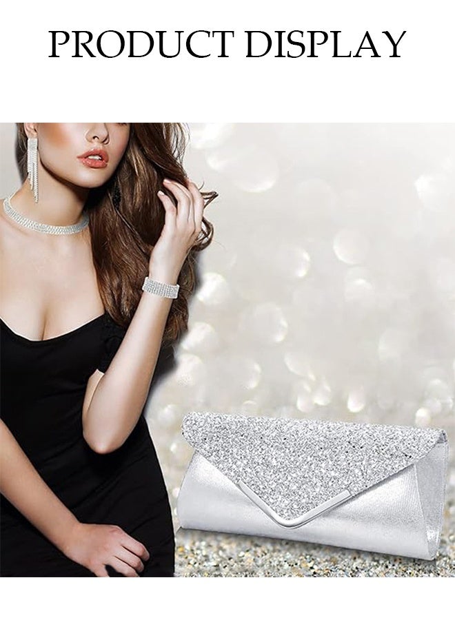 DUNISO 4 Piece Clutch Bag Rhinestone Jewelry Set, V Shape Sparkling Tassel Necklace Bracelet Earrings Evening Bag Purse for Women Dinner Date Wedding, Silver - Image 4