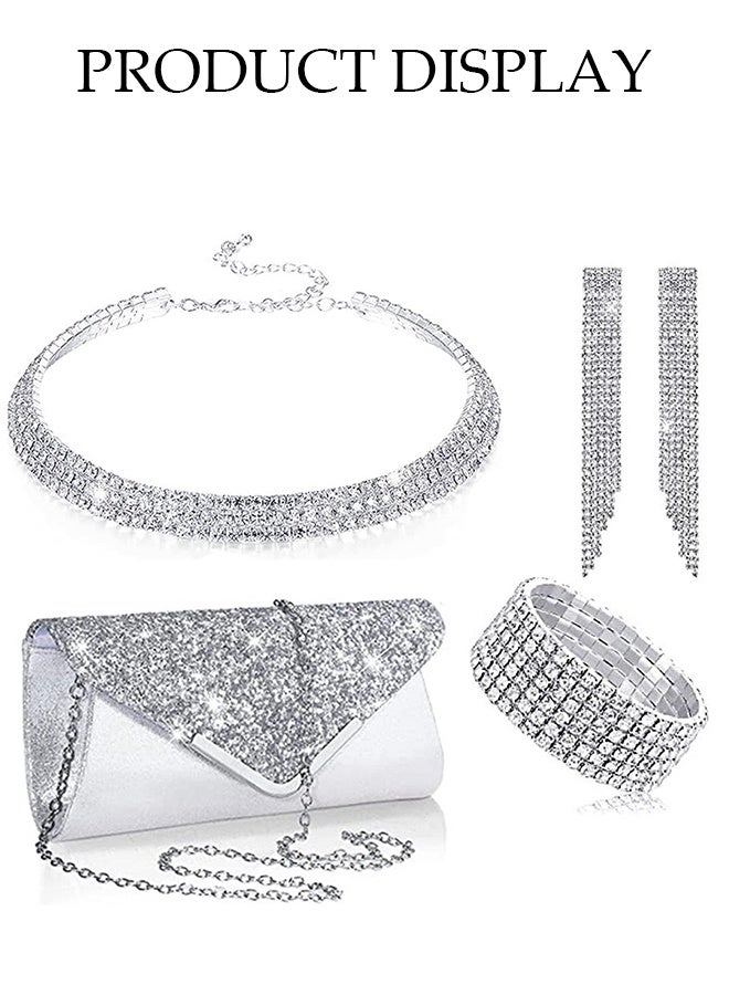 DUNISO 4 Piece Clutch Bag Rhinestone Jewelry Set, V Shape Sparkling Tassel Necklace Bracelet Earrings Evening Bag Purse for Women Dinner Date Wedding, Silver - Image 5