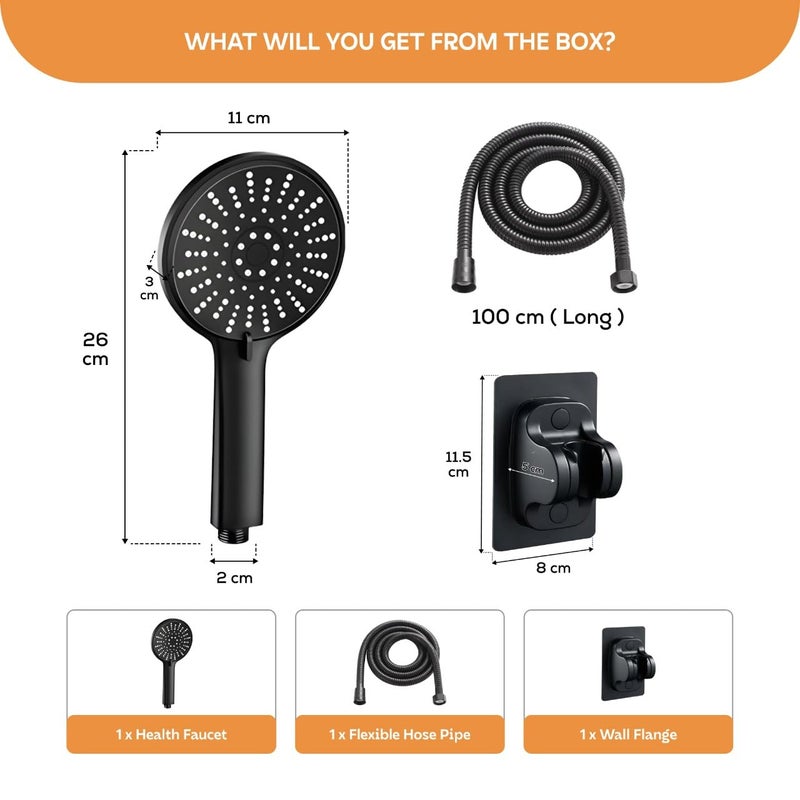 MIORAH 5 Function Hand Shower for Bath with 1m Tube & Wall Hook | Anti-Clog Silicone Nozzels with High Pressure | Handshower for Bathroom | Black- Full Set - Image 2