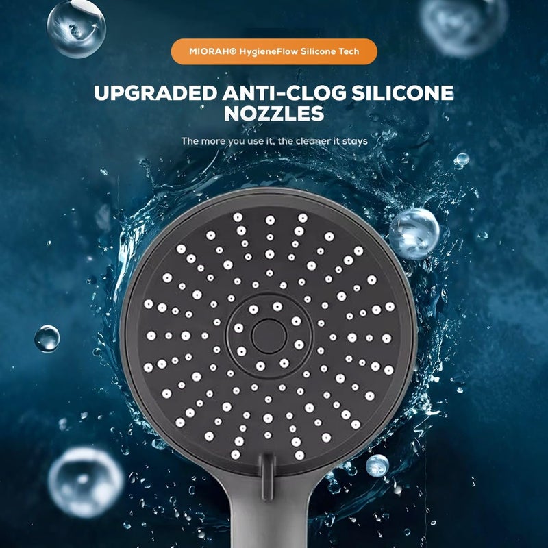 MIORAH 5 Function Hand Shower for Bath with 1m Tube & Wall Hook | Anti-Clog Silicone Nozzels with High Pressure | Handshower for Bathroom | Black- Full Set - Image 4