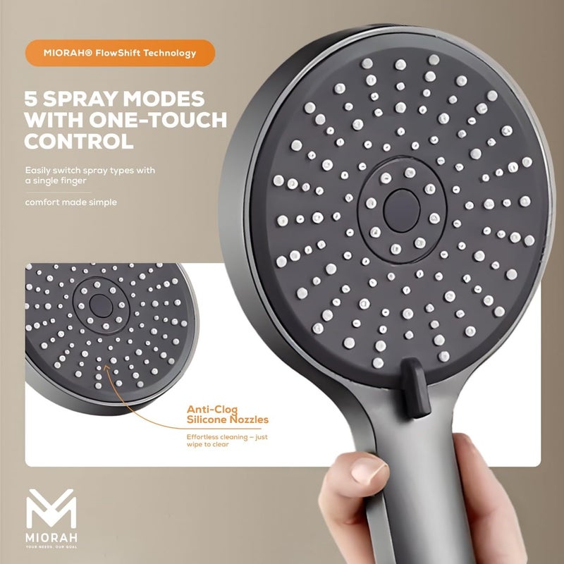 MIORAH 5 Function Hand Shower for Bath with 1m Tube & Wall Hook | Anti-Clog Silicone Nozzels with High Pressure | Handshower for Bathroom | Black- Full Set - Image 5