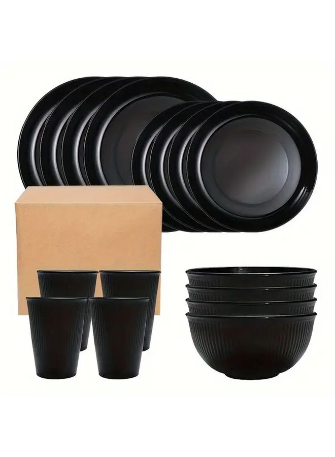 Black Portable 32 Piece PP Cutlery Set With Plates Bowls and Cup - Image 4