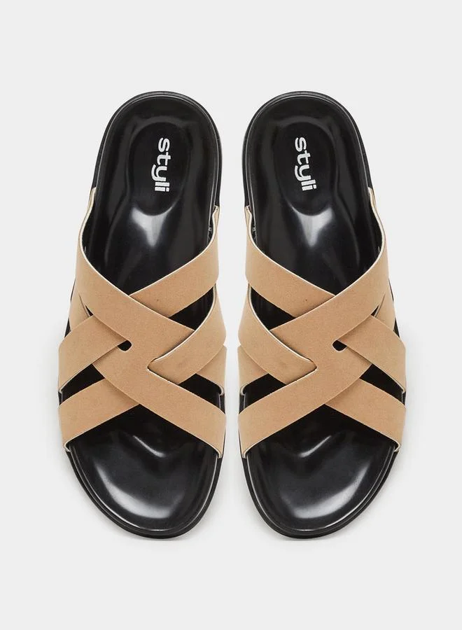 Styli Beige Beige Criss-Cros Slide Sandals for Men | Best Price UAE