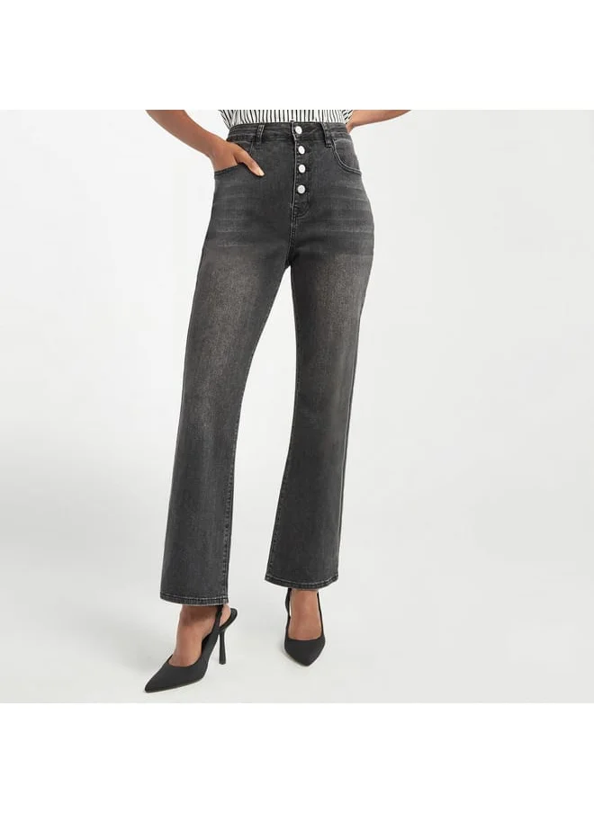 FAV Solid Flared Leg Jeans with Pockets