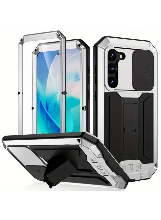 Silvery Galaxy S24 Case Rugged Armor Shockproof Cover with Kickstand Metal Frame - Image 4
