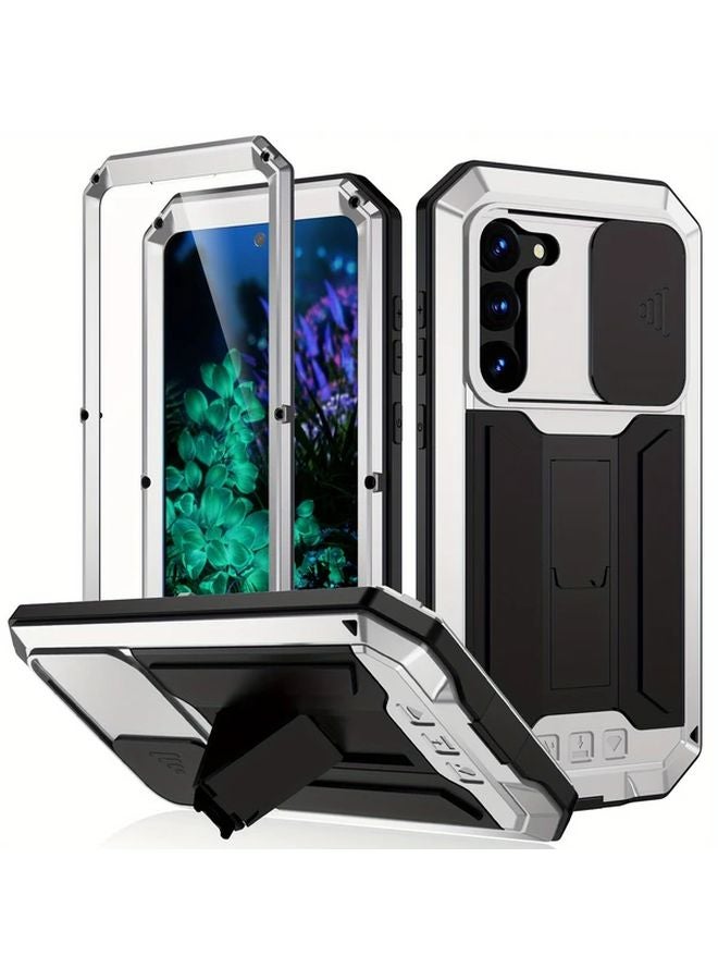 Silvery Galaxy S24 Case Rugged Armor Shockproof Cover with Kickstand Metal Frame - Image 1