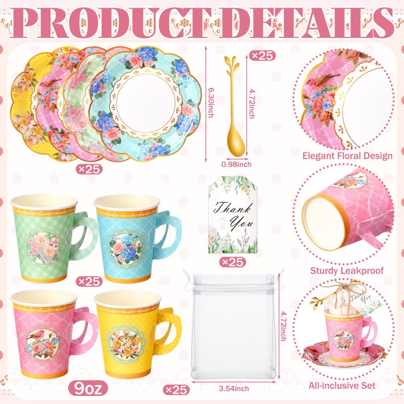 Ferrochef 125 Pcs Tea Party Favors Set Floral Paper Teacups with Saucers, Vintage Style Tea Spoons, Disposable Spring Party Supplies for Hot or Cold Drinks, Ideal for Birthday Baby Shower Bridal - Image 3