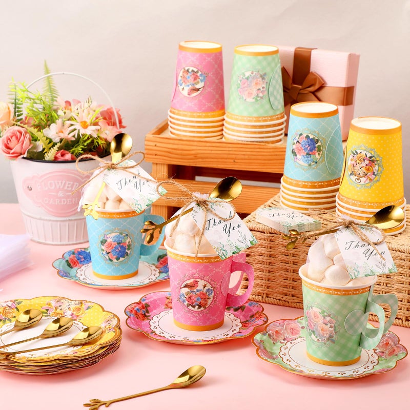 Ferrochef 125 Pcs Tea Party Favors Set Floral Paper Teacups with Saucers, Vintage Style Tea Spoons, Disposable Spring Party Supplies for Hot or Cold Drinks, Ideal for Birthday Baby Shower Bridal - Image 2