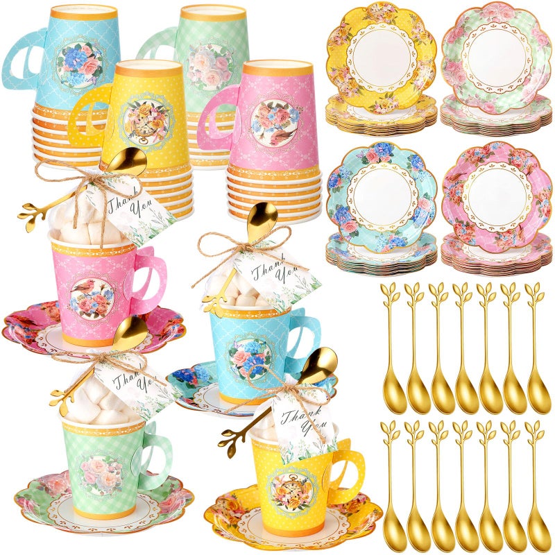 Ferrochef 125 Pcs Tea Party Favors Set Floral Paper Teacups with Saucers, Vintage Style Tea Spoons, Disposable Spring Party Supplies for Hot or Cold Drinks, Ideal for Birthday Baby Shower Bridal - Image 1