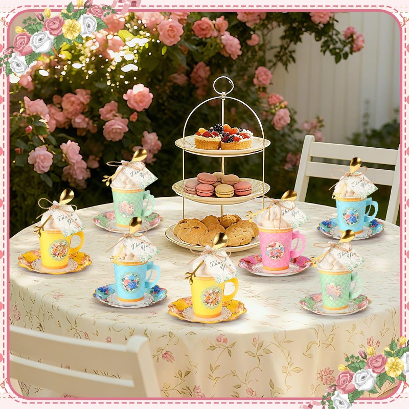 Ferrochef 125 Pcs Tea Party Favors Set Floral Paper Teacups with Saucers, Vintage Style Tea Spoons, Disposable Spring Party Supplies for Hot or Cold Drinks, Ideal for Birthday Baby Shower Bridal - Image 4