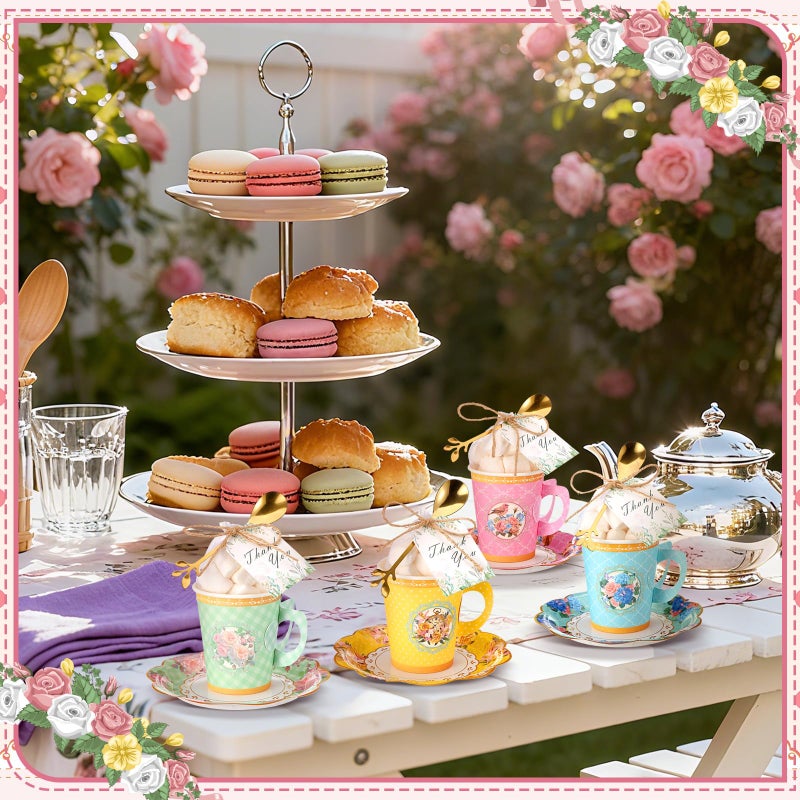 Ferrochef 125 Pcs Tea Party Favors Set Floral Paper Teacups with Saucers, Vintage Style Tea Spoons, Disposable Spring Party Supplies for Hot or Cold Drinks, Ideal for Birthday Baby Shower Bridal - Image 5