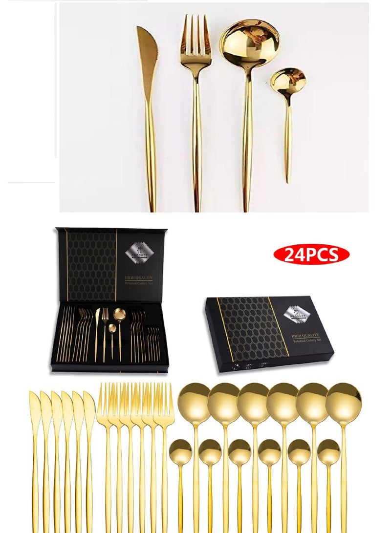 This 24-Piece Gold Stainless Steel Flatware Set Includes 6 Forks, 6 Knives, 6 Tablespoons, And 6 Teaspoons. - Image 2