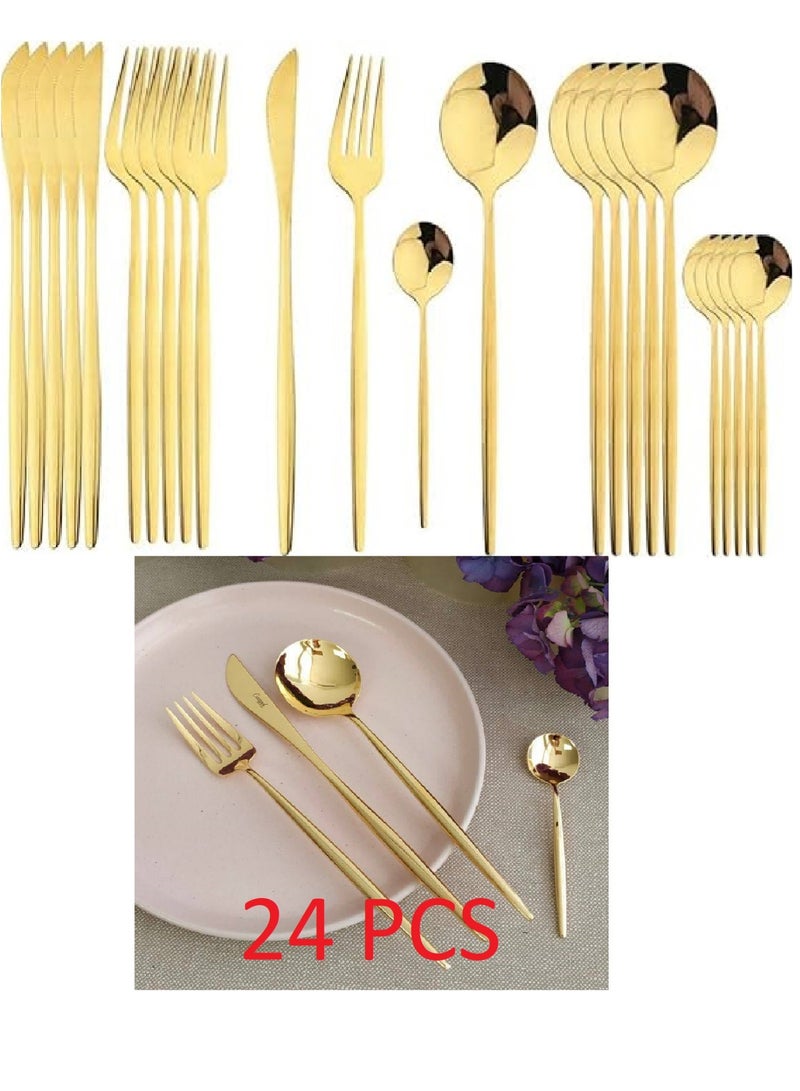 This 24-Piece Gold Stainless Steel Flatware Set Includes 6 Forks, 6 Knives, 6 Tablespoons, And 6 Teaspoons. - Image 1