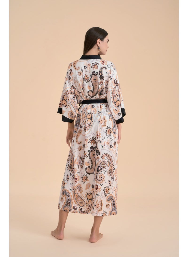 Closme Women's Satin Paisley Print Kimono Robe with Black Trim - Elegant Long Loungewear for Sleep & Spa - Image 2