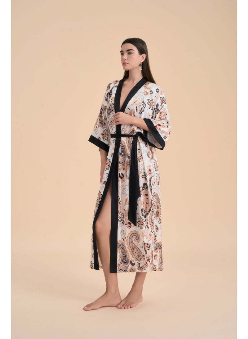 Closme Women's Satin Paisley Print Kimono Robe with Black Trim - Elegant Long Loungewear for Sleep & Spa - Image 1
