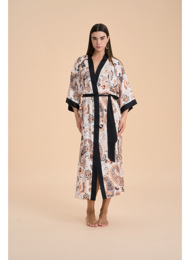 Closme Women's Satin Paisley Print Kimono Robe with Black Trim - Elegant Long Loungewear for Sleep & Spa - Image 3