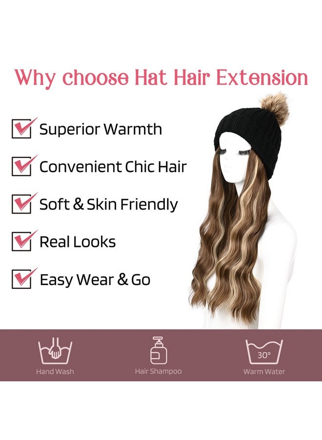 HOOJIH Knitted Beanie Wig, Hat Hair Extension Long Wavy Curly Black Hat Wig With Faux Fur Pom Hat Attached 12 Inch Synthetic Hairpiece For Women Girls Winter - Light Brown With Medium Golden Blonde - Image 2