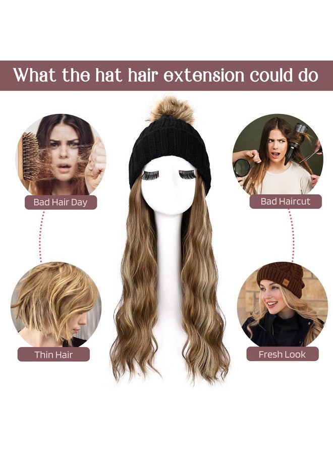 HOOJIH Knitted Beanie Wig, Hat Hair Extension Long Wavy Curly Black Hat Wig With Faux Fur Pom Hat Attached 12 Inch Synthetic Hairpiece For Women Girls Winter - Light Brown With Medium Golden Blonde - Image 4