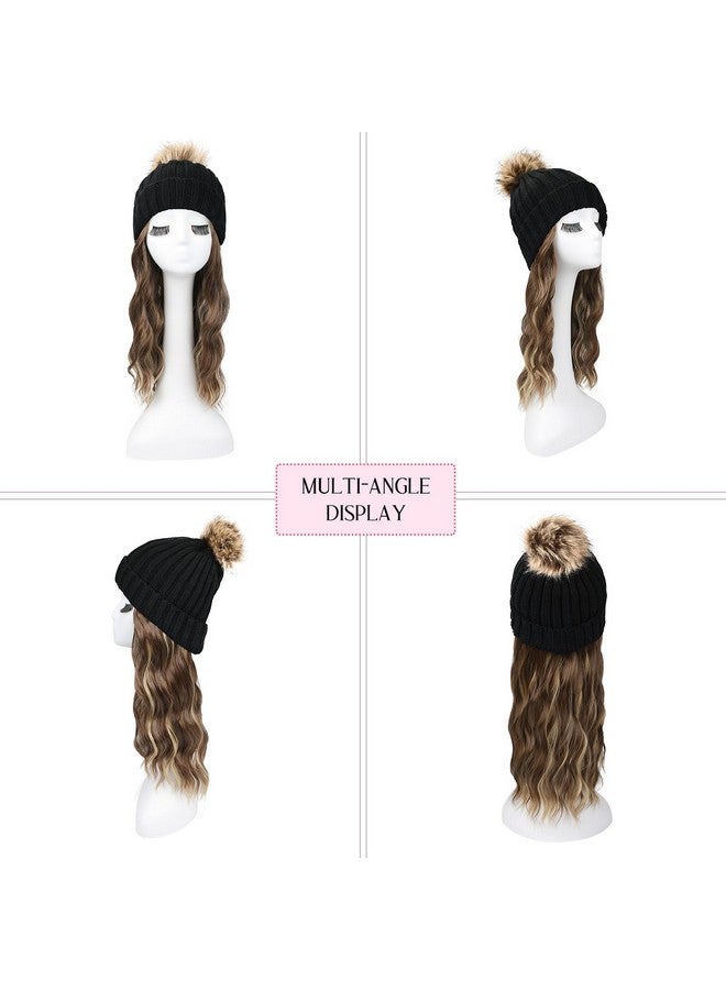 HOOJIH Knitted Beanie Wig, Hat Hair Extension Long Wavy Curly Black Hat Wig With Faux Fur Pom Hat Attached 12 Inch Synthetic Hairpiece For Women Girls Winter - Light Brown With Medium Golden Blonde - Image 3
