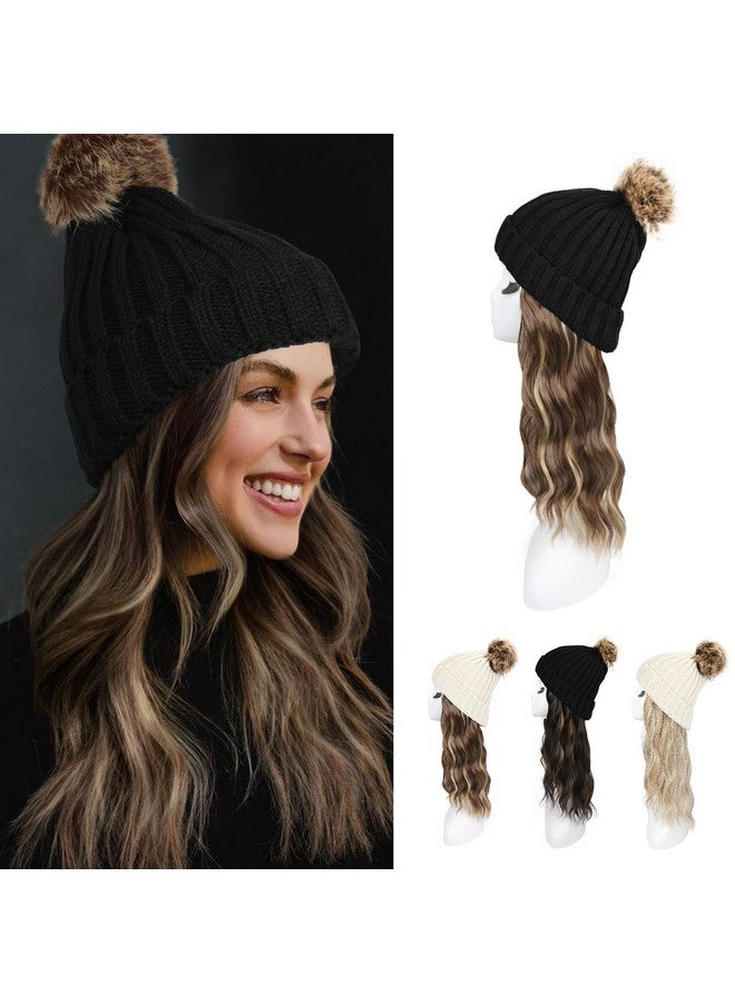 HOOJIH Knitted Beanie Wig, Hat Hair Extension Long Wavy Curly Black Hat Wig With Faux Fur Pom Hat Attached 12 Inch Synthetic Hairpiece For Women Girls Winter - Light Brown With Medium Golden Blonde - Image 1