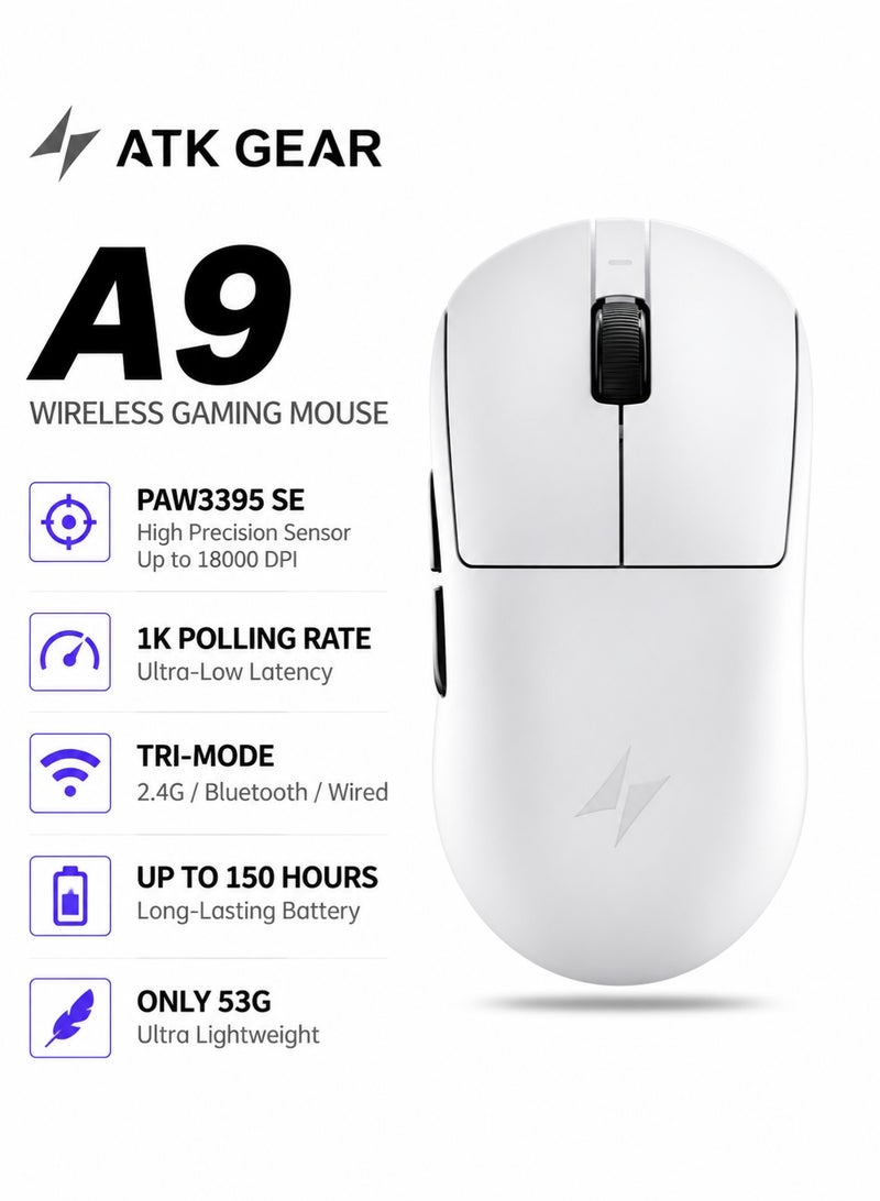 ATK Dragonfly A9 Wireless Gaming Mouse 53g Lightweight, PAW3395 SE Sensor, 18000 DPI, 1K Polling Rate, 150 Hr Battery Life, Tri-Mode 2.4G/BT/Wired, For PC/Mac - Image 1