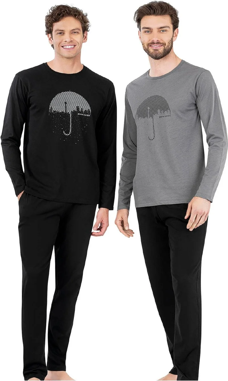 pierre cardin 6070 Men's Long Sleeve Crew Neck Pajama Set-Black