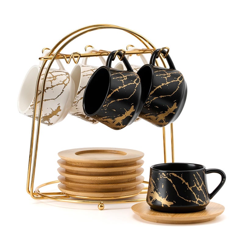 LUKA Ceramic Espresso Cups with Saucers and Metal Stand Small 4 oz Porcelain Demitasse Cups Set of 6 Cute Cappuccino Coffee Cups for Double Espresso Tea Marbling White Black