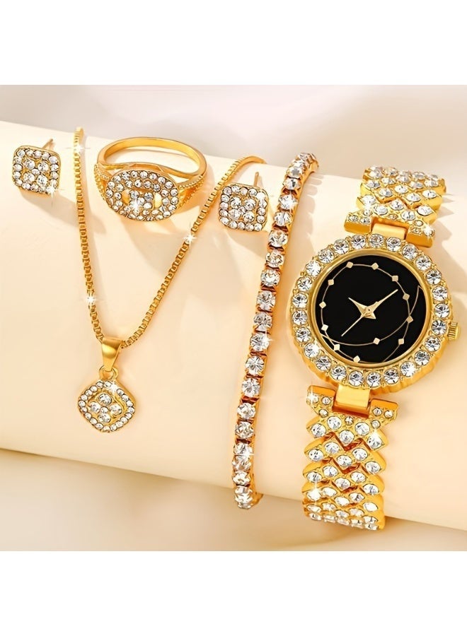 Women Watch Sets, 5 Pcs Luxury Fashion Women Watch Set Alloy Strap Ladies Quartz Wristwatch Rhinestone Alloy Bracelet - Image 1