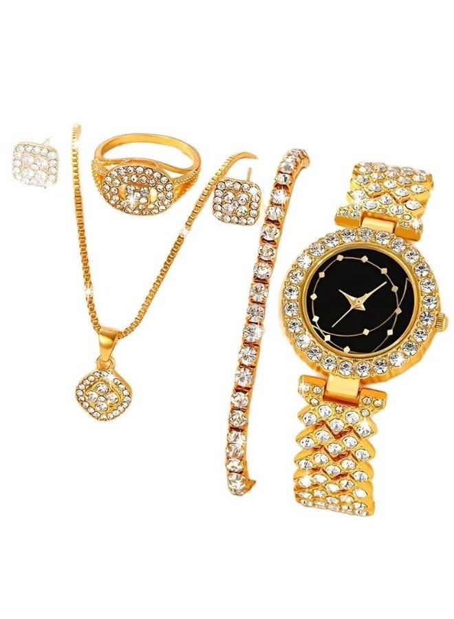 Women Watch Sets, 5 Pcs Luxury Fashion Women Watch Set Alloy Strap Ladies Quartz Wristwatch Rhinestone Alloy Bracelet - Image 4