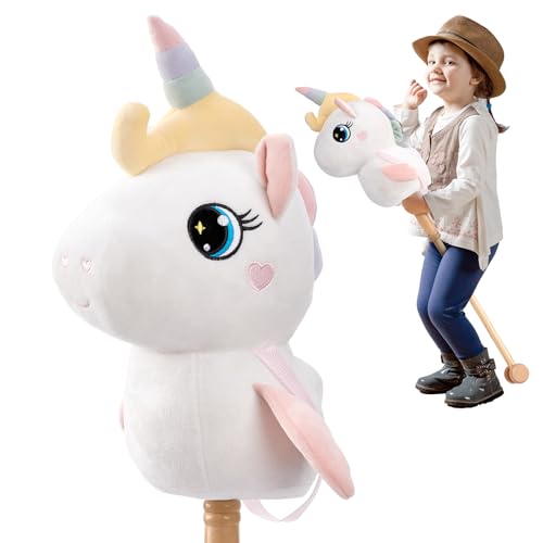 FUNLIO Unicorn Stick Horse for Kids 3 Rainbow Fairy Hobby Horse with Soft Plush  Wood Wheels Neighing and Galloping Sound for Pretend Play  Creativity Horse Toys Gift CPC  CE Certified  White - Image 1