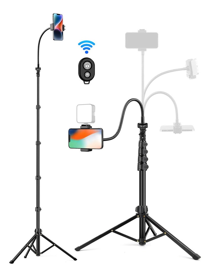 X-level Phone Tripod,86" Tall Tripod for iPhone with Flexible Gooseneck & Remote,Portable Aluminum Cellphone Stand for Selfies,Video Recording,Travel,Compatible with iPhone Android - Image 1