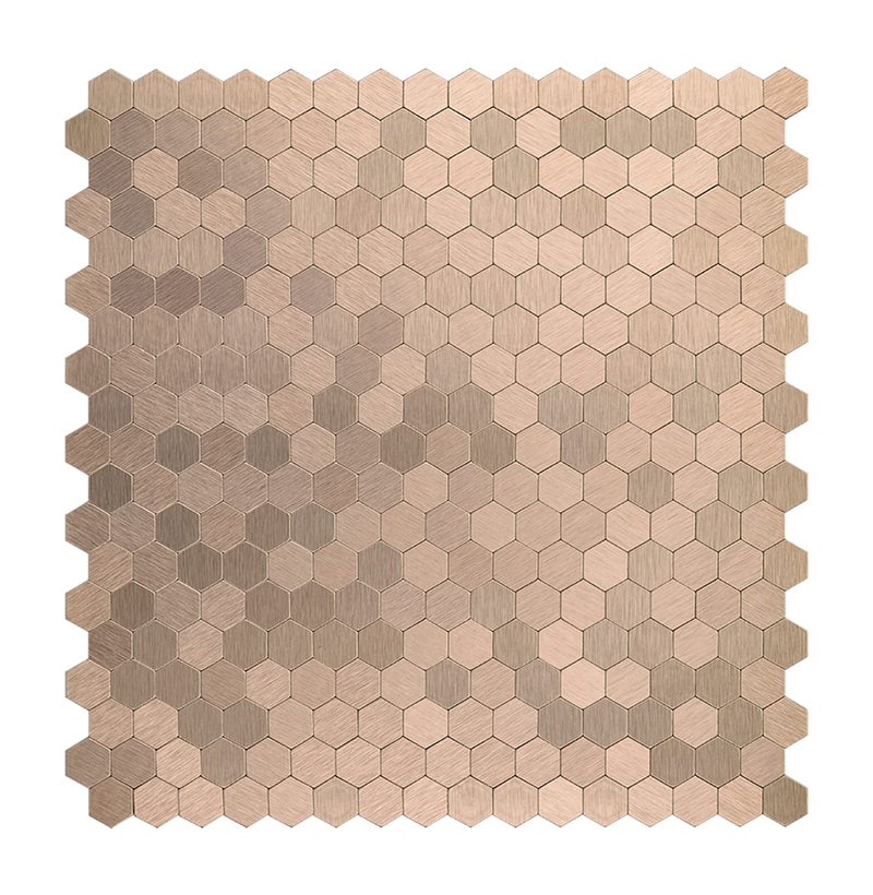 Peel and Stick Backsplash Mini Hexagon Tile Light Copper Brushed Aluminum Metal Wall Tile for Kitchen 12 Sheets