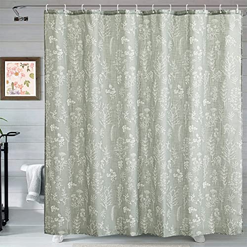 Estmy Green Botanical Linen Shower Curtain for Bathroom, Spring Summer Themed Hand-Drawn Boho Floral Plants Leaves Textured Fabric Shower Curtain Set Modern Farmhosue Vintage Bathroom Decor - Image 1