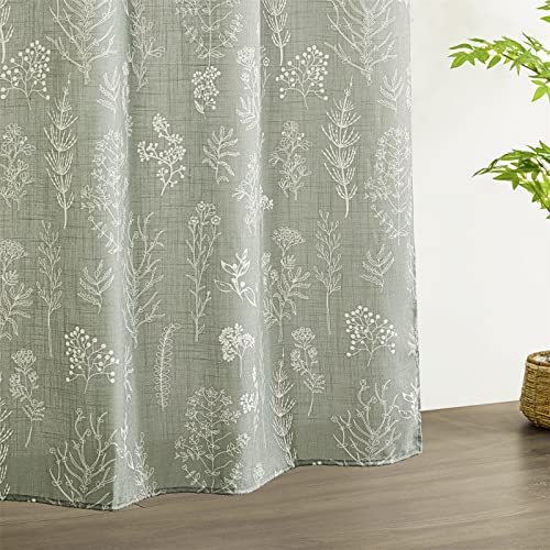 Estmy Green Botanical Linen Shower Curtain for Bathroom, Spring Summer Themed Hand-Drawn Boho Floral Plants Leaves Textured Fabric Shower Curtain Set Modern Farmhosue Vintage Bathroom Decor - Image 5